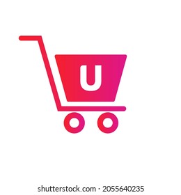 Trolley Shopping Cart On Letter U Initial Online And Shopping Logo Concept Template