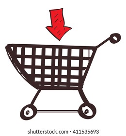 Trolley Shopping colored button with a black outline on a white background in a hand drawn style.