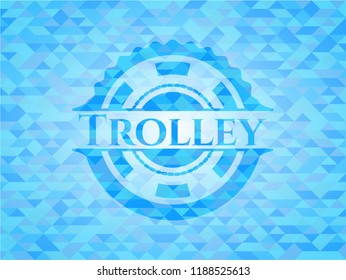 Trolley sky blue emblem with triangle mosaic background