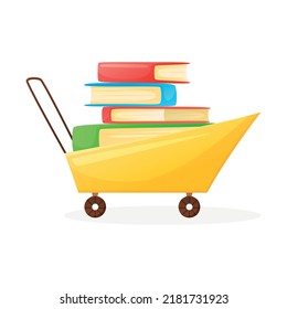 Trolley with stack of textbooks or books, vector isolated cartoon illustration, learning concept, back to school.