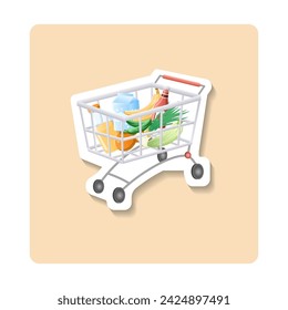 Trolley sticker illustration. Cart, wheels, goods, green. Editable vector graphic design.