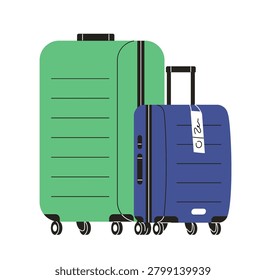 Trolley suitcases of different sizes. Hand luggage with tag. Large big and small carry-on cabin bag for trip. Travel baggage, wheel valise. Flat vector illustration isolated on white background