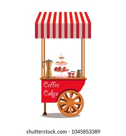 A trolley with sweets. Coffee, cakes and coffee makers. Mobile tray. Isolated object. Vector illustration


