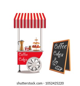 A trolley with sweets. Coffee, cakes and coffee makers. Slate board with menu. Mobile tray. Isolated object. Vector illustration