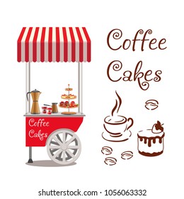 A trolley with sweets. Coffee, cakes and coffee makers. Mobile tray. Icons of coffee and cake. Isolated object. Vector illustration