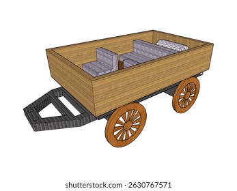 Trolley, trailer to the car, wooden sides, seat, 3D model, on a transparent background