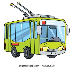 Trolley or Trolleybus. Small funny vector cute car with eyes and mouth. Children vector illustration