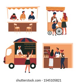 Trolley and truck, tent and shop counter, street meals, isolated characters vector. Fast food and drinks, vendor or seller and customer, ice cream cart. Snack on wheels, liquor store and bar stand