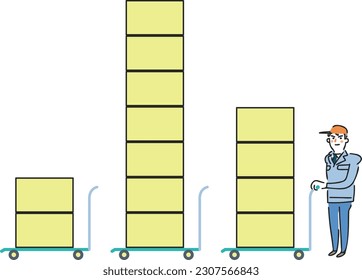 A trolley with various amounts of boxes and a worker pushing it Illustration material
