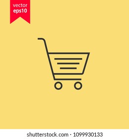 Trolley vector icon. Supermarket basket on wheels icon. Yellow background. EPS 10 vector sign.