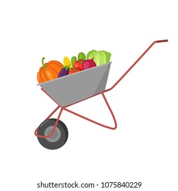 Trolley with vegetables on a white background. Pumpkin, eggplant, cabbage, cucumber, tomato, beet, corn. Garden trolley with one wheel. Hand drawing in flat style. Vector illustration.