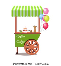 A trolley with wheels and a green striped canopy with fast food. Balloons, coffee, coffee maker with paper cups and cakes. Isolated icons. Vector illustration.

