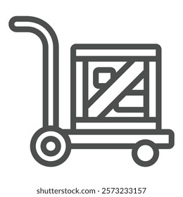 Trolley with wooden box line icon, delivery service concept. Vector graphics. Cart and parcel box sign on white background, outline style icon for mobile or web design