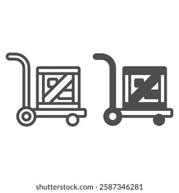 Trolley with wooden box line and solid icon, delivery service concept. Vector graphics. Cart and parcel box sign on white background, outline style icon for mobile or web design