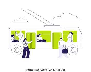 Trolleybus abstract concept vector illustration. Group of diverse people enter the electric trolleybus, ecology environment, sustainable urban transportation, public vehicle abstract metaphor.