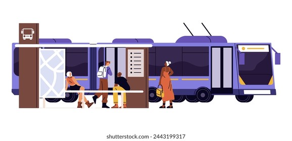 Trolleybus arrives at terminal station. Electric urban transport, public vehicle, mass transit rides on city route. Passengers waiting transfer at bus stop. Flat isolated vector illustration on white