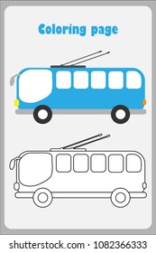 Trolleybus in cartoon style, coloring page, education paper game for the development of children, kids preschool activity, printable worksheet, vector illustration
