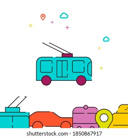 Trolleybus filled line vector icon, simple illustration, city public transportation related bottom border.