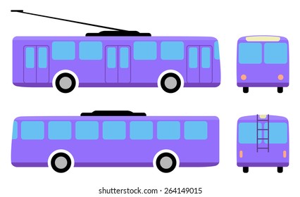 Trolleybus (front, back, side view) isolated on white background, vector illustration