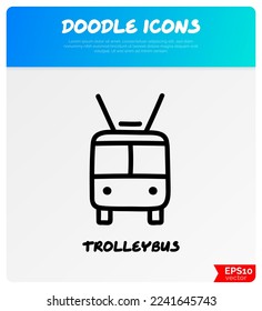 Icono del doodle de vista frontal del trolebús. Transporte público. Ilustración vectorial.