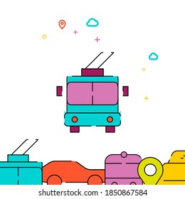 Trolleybus front view filled line vector icon, simple illustration, city public transportation related bottom border.
