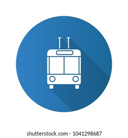 Trolleybus in front view flat design long shadow glyph icon. Trolley coach. Trackless trolley. Vector silhouette illustration