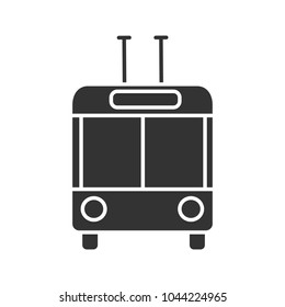 Trolleybus in front view glyph icon. Silhouette symbol. Trolley coach. Trackless trolley. Negative space. Vector isolated illustration