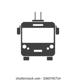 Trolleybus in front view glyph icon. Silhouette symbol. Trolley coach. Trackless trolley. Vector isolated illustration