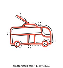 Trolleybus icon in comic style. Trolley bus cartoon vector illustration on white isolated background. Autobus vehicle splash effect business concept.