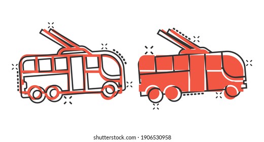 Trolleybus icon in comic style. Trolley bus cartoon vector illustration on white isolated background. Autobus vehicle splash effect business concept.