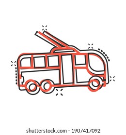 Trolleybus icon in comic style. Trolley bus cartoon vector illustration on white isolated background. Autobus vehicle splash effect business concept.