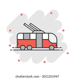 Trolleybus icon in comic style. Trolley bus cartoon vector illustration on white isolated background. Autobus vehicle splash effect business concept.