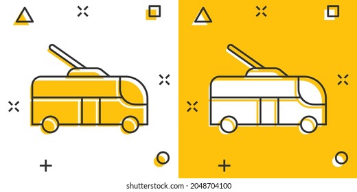 Trolleybus icon in comic style. Trolley bus cartoon vector illustration on white isolated background. Autobus vehicle splash effect business concept.