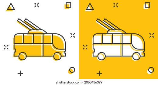 Trolleybus icon in comic style. Trolley bus cartoon vector illustration on white isolated background. Autobus vehicle splash effect business concept.