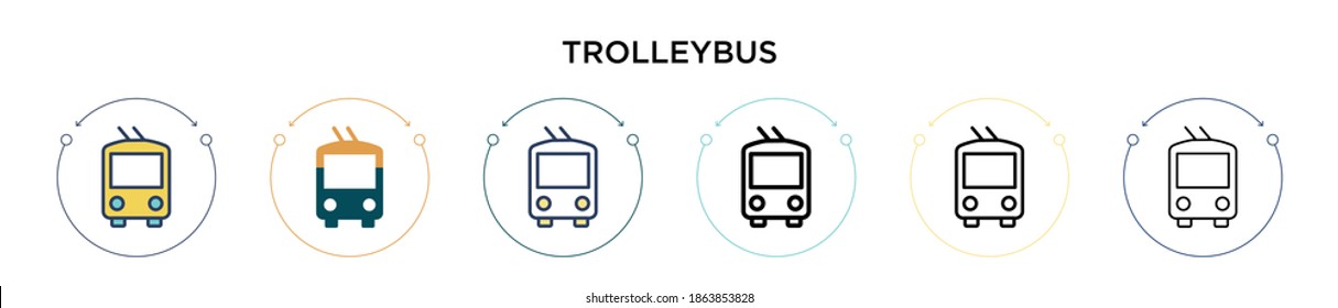 Trolleybus icon in filled, thin line, outline and stroke style. Vector illustration of two colored and black trolleybus vector icons designs can be used for mobile, ui, web