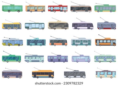 Trolleybus icons set cartoon vector. Car transport. Vehicle electric