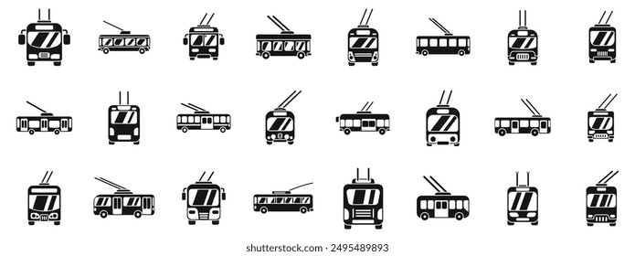 Trolleybus-Symbole gesetzt. Stadt-Trolleybusse, die mit Strom fahren, ökologischer städtischer Verkehr