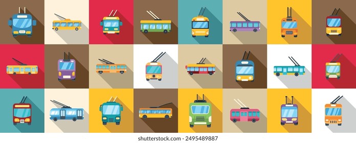 Trolleybus icons set. Set of trolleybus icons in flat style with long shadow representing public transportation in big cities