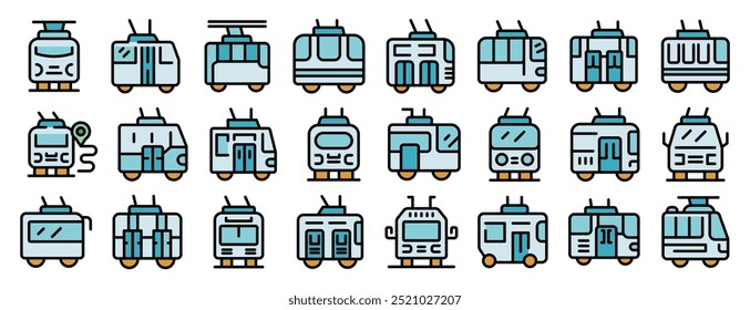 Trolleybus icons set. Outline set of trolleybus vector icons thin line color flat on white background