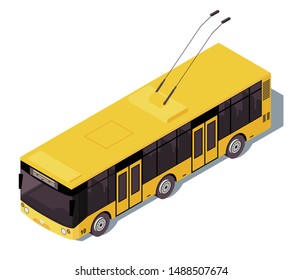 Trolleybus isometric color vector illustration. City public transport infographic. Ecological urban transportation. Trackless trolley. Electric auto 3d concept isolated on white background