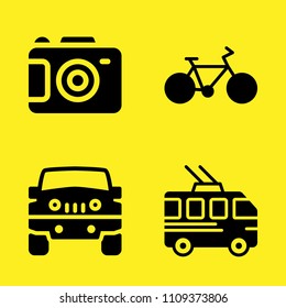 trolleybus, jeep, camera and bicycle vector icon set. Sample icons set for web and graphic design
