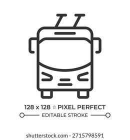 Icono de línea perfecta de píxeles de trolebús. Transporte eléctrico de pasajeros. Vehículo público Urbana. Camino normal. Ilustración vectorial aislada. Símbolo de contorno. Dibujo lineal simple. Trazo editable