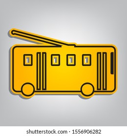 Trolleybus sign. Flat orange icon with overlapping linear black icon with gray shadow at whitish background. Illustration.