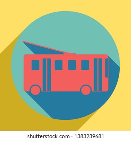 Trolleybus sign. Sunset orange icon with llapis lazuli shadow inside medium aquamarine circle with different goldenrod shadow at royal yellow background.