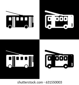 Trolleybus sign. Vector. Black and white icons and line icon on chess board.