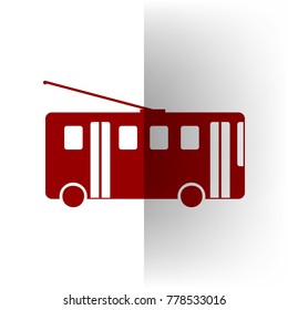 Trolleybus sign. Vector. Bordo icon on white bending paper background.