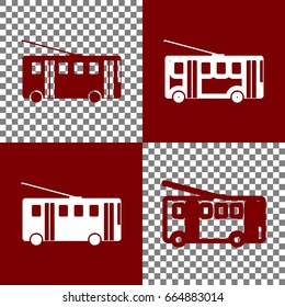 Trolleybus sign. Vector. Bordo and white icons and line icons on chess board with transparent background.