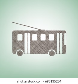 Trolleybus sign. Vector. Brown flax icon on green background with light spot at the center.