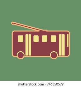 Trolleybus sign. Vector. Cordovan icon and mellow apricot halo with light khaki filled space at russian green background.