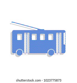 Trolleybus sign. Vector. Neon blue icon with cyclamen polka dots pattern with light gray shadow on white background. Isolated.